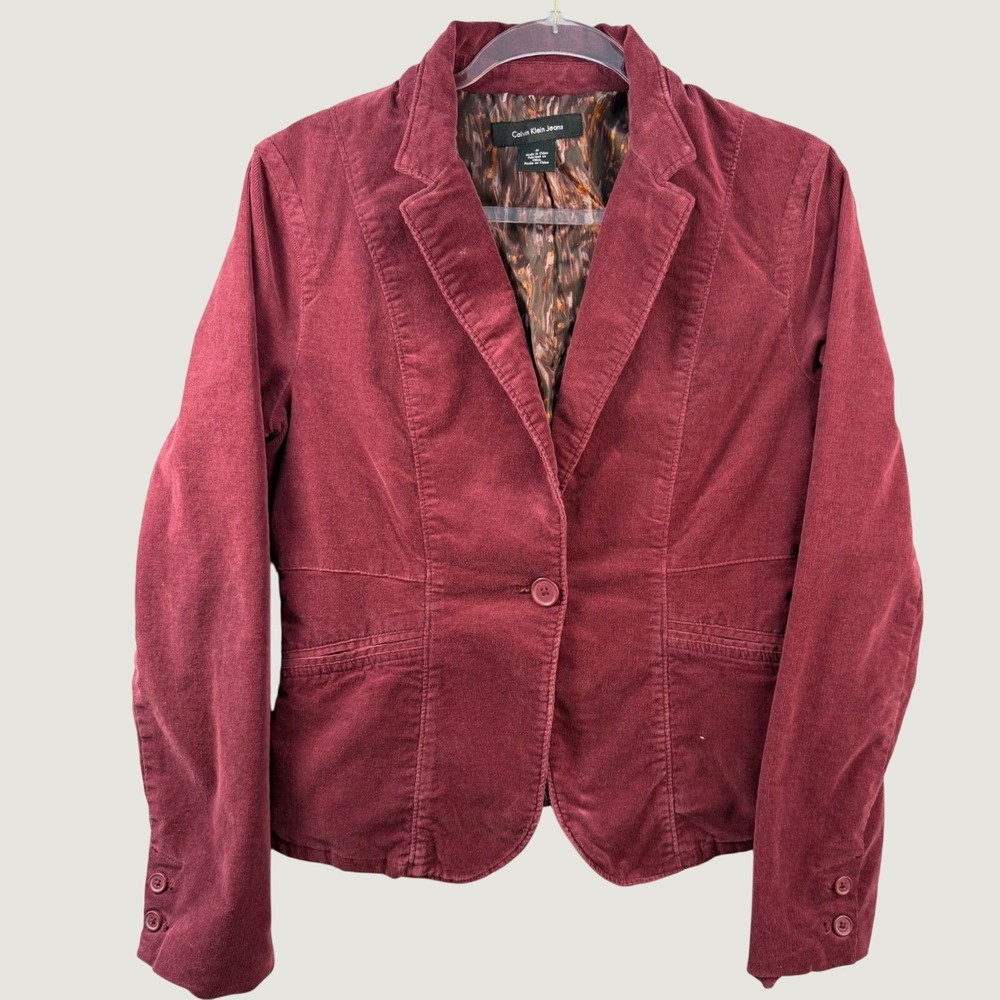 Calvin Klein Jeans Women Burgundy Corduroy Blazer Jacket Y2K Wine Red Size M